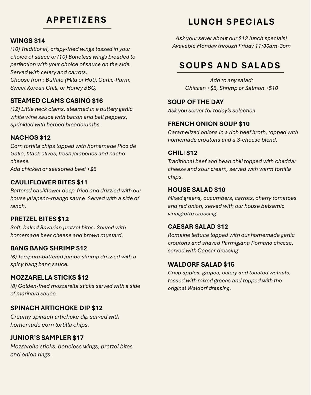 Menu: Appetizers, Lunch Special